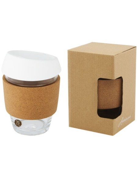 Bicchiere da 360 ml in vetro borosilicato con impugnatura in sughero e coperchio in silicone Lidan