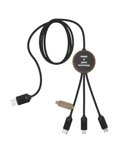 Cavo di ricarica 3 in 1 in PET riciclato con logo luminoso e custodia rotonda in bambù SCX.design C36