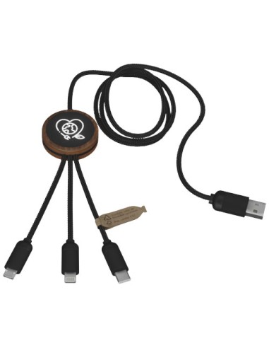 Cavo di ricarica 3 in 1 in PET riciclato con logo luminoso e custodia rotonda in bambù SCX.design C36