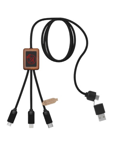 Cavo di ricarica 5 in 1 da 40 W in rPET riciclato con logo luminoso e custodia quadrata in legno SCX.design C38