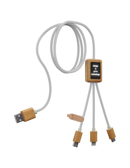 Cavo di ricarica 3 in 1 in PET riciclato con logo luminoso su base quadrata in bambù SCX.design C39