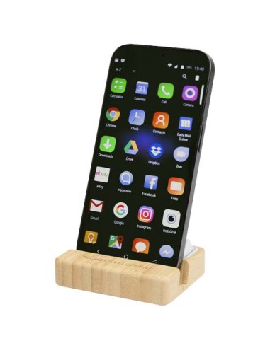 Supporto per telefono in plastica riciclata e giocattolo antistress con dettagli in bambù Algol