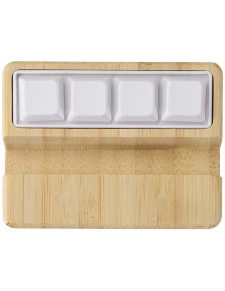 Supporto per telefono in plastica riciclata e giocattolo antistress con dettagli in bambù Algol