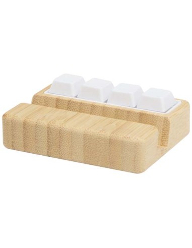 Supporto per telefono in plastica riciclata e giocattolo antistress con dettagli in bambù Algol