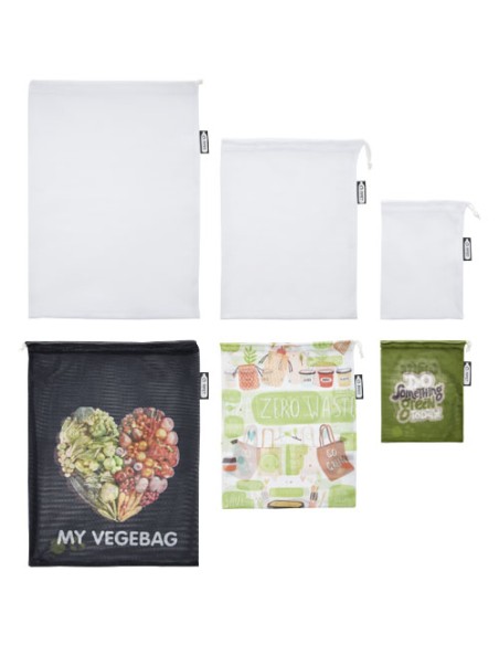 Set di 3 sacchetti per frutta e verdura in poliestere riciclato.