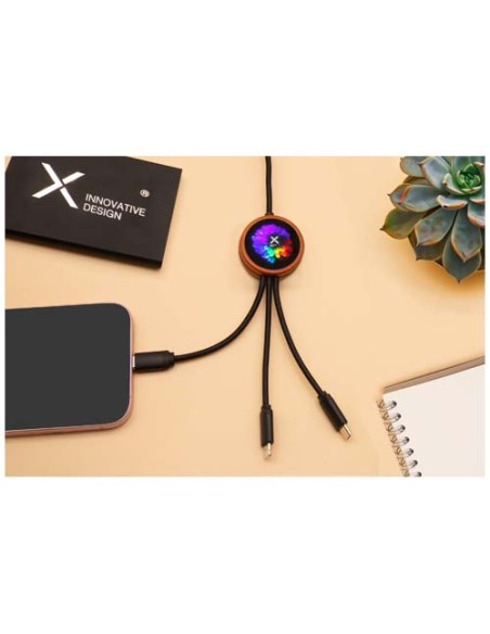 Cavo di ricarica da 40 W 5 in 1 in rPET riciclato con logo luminoso e custodia rotonda in legno SCX.design C37