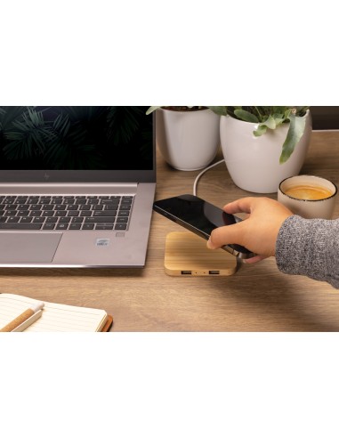 Caricatore wireless 10W con porte USB in bambù